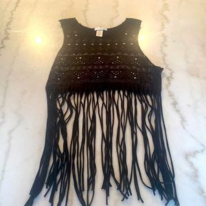 Embellished black crop top with long shredded bottom